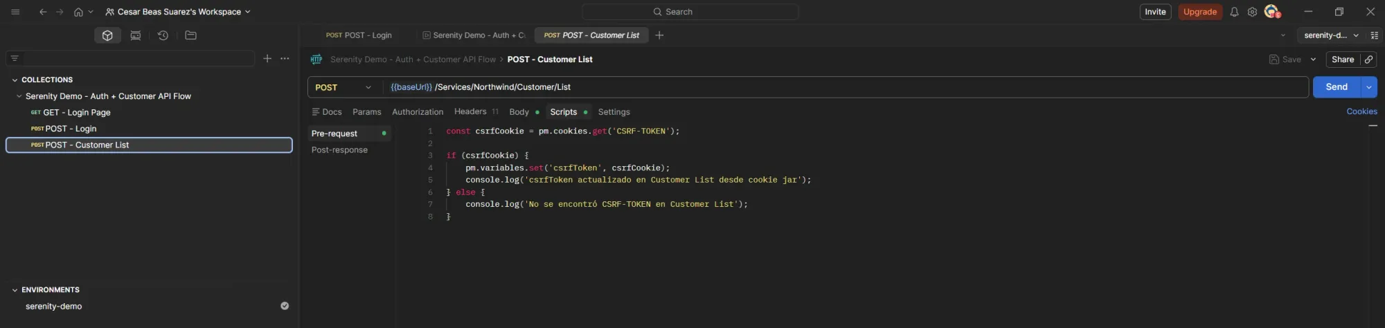 Postman pre-request script for POST Customer List reading CSRF-TOKEN from cookie jar with same dynamic token logic