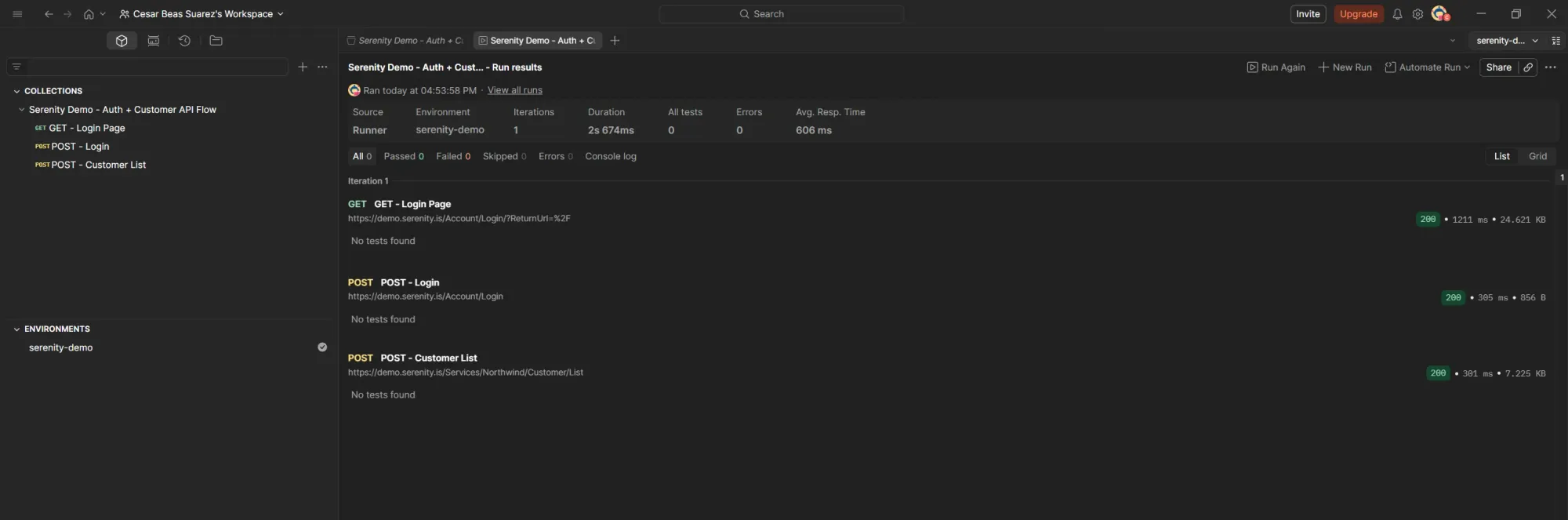 Postman Collection Runner showing all three requests returning 200 OK after implementing dynamic CSRF token