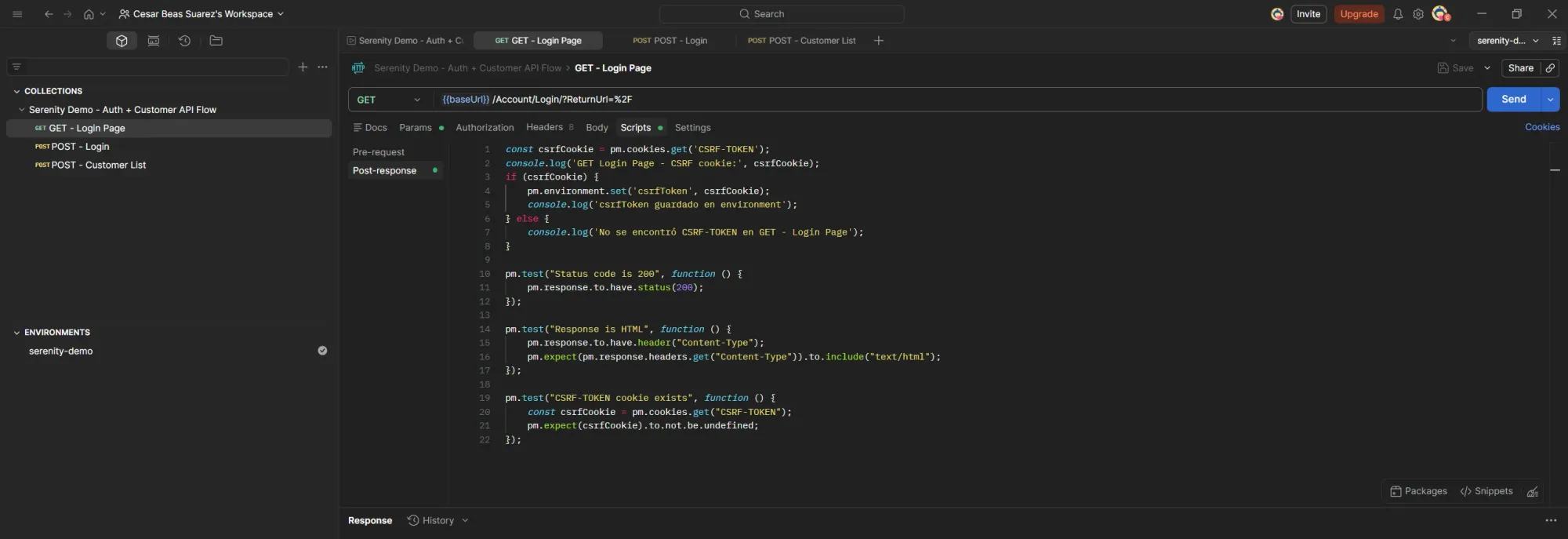 Postman Scripts tab for GET Login Page showing post-response assertions for status code, HTML content type and CSRF-TOKEN cookie