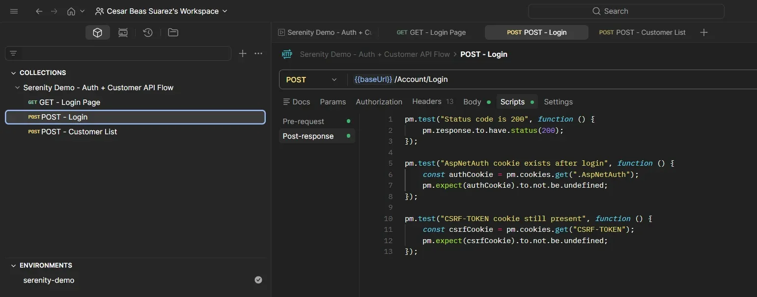 Postman Scripts tab for POST Login showing post-response assertions for status code, .AspNetAuth cookie and CSRF-TOKEN cookie
