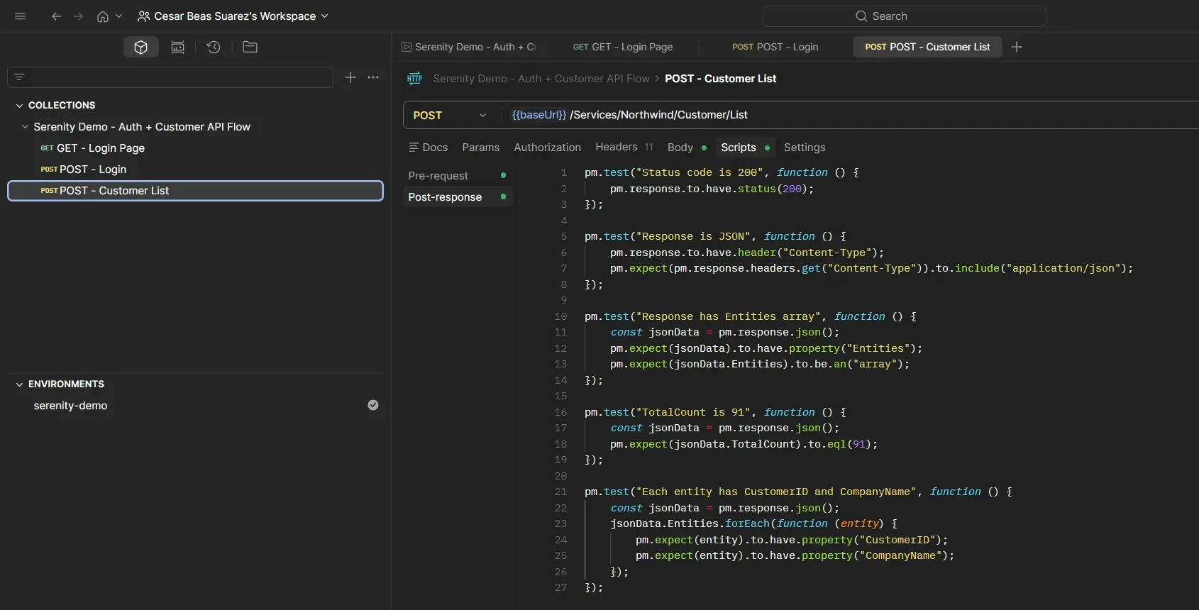 Postman Scripts tab for POST Customer List showing five post-response assertions validating status, JSON, Entities array, TotalCount and entity fields