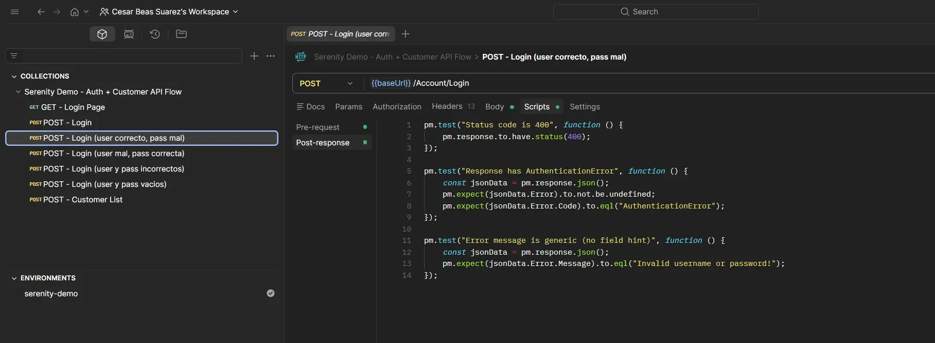 Postman Scripts tab for POST Login with incorrect password showing three post-response assertions for status 400, AuthenticationError code and generic error message