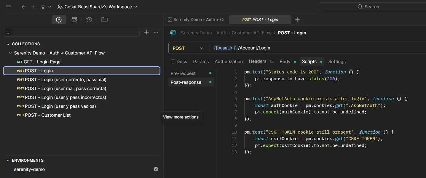 Postman Scripts tab for POST Login showing three post-response assertions for status 200, AspNetAuth cookie exists and CSRF-TOKEN cookie still present