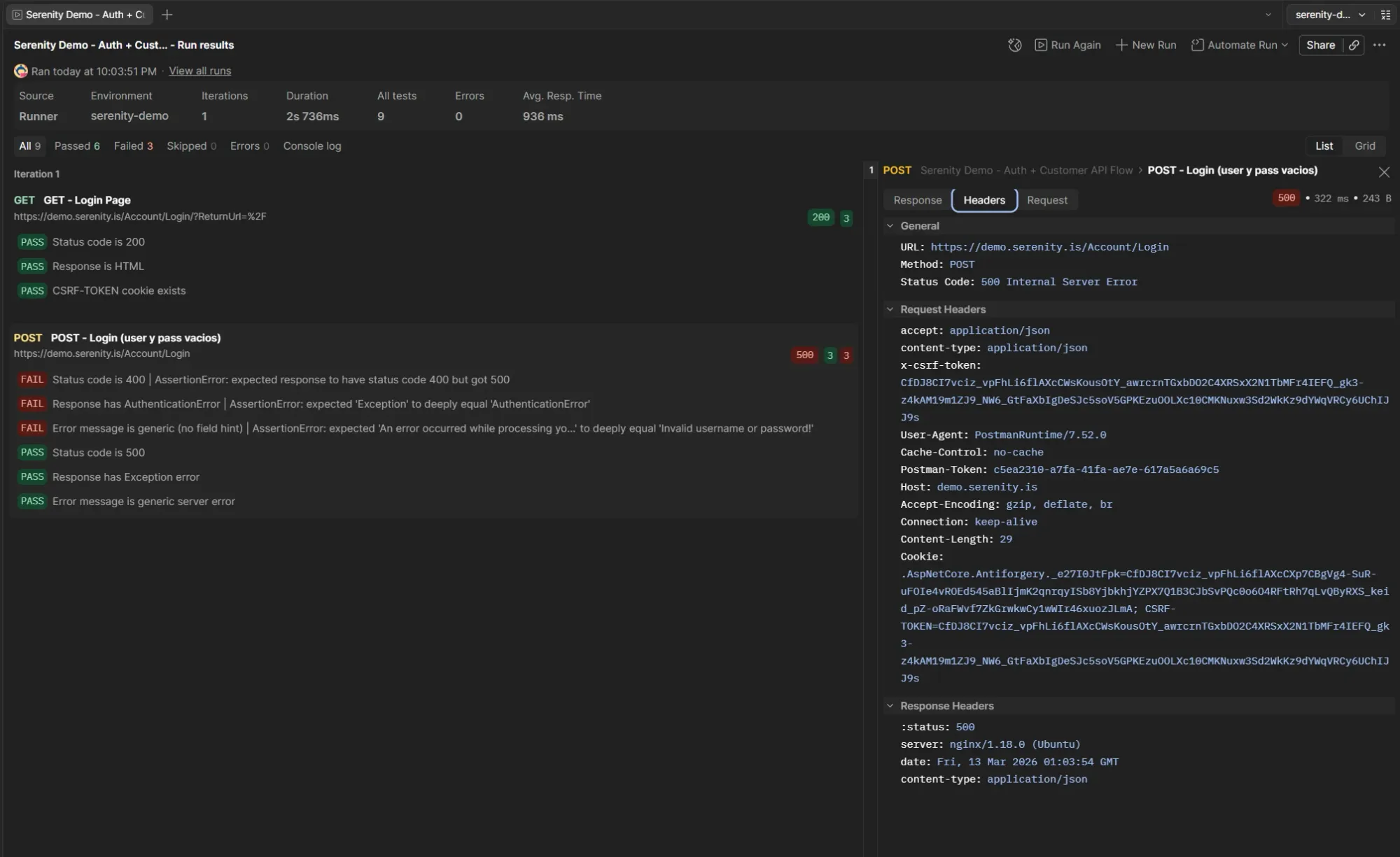Postman Collection Runner showing GET Login Page passed and POST Login with empty credentials returning 500 Internal Server Error with old assertions failing on status 400 and AuthenticationError while new assertions passing on status 500 and Exception error