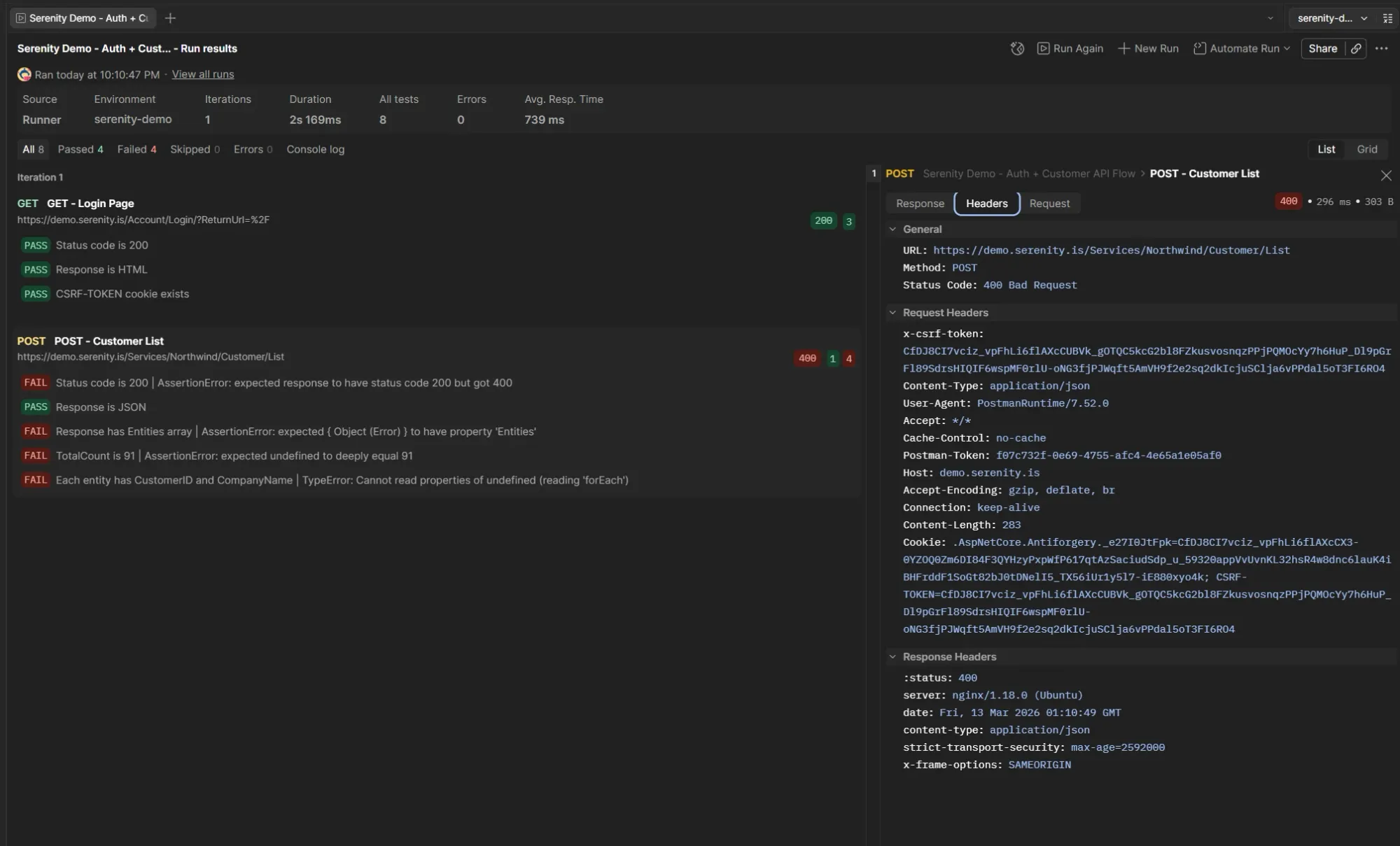 Postman Collection Runner showing GET Login Page passed and POST Customer List failed with 400 Bad Request status, empty body with content-length 0, and all 5 assertions failed including status, JSON, Entities, TotalCount and entity field