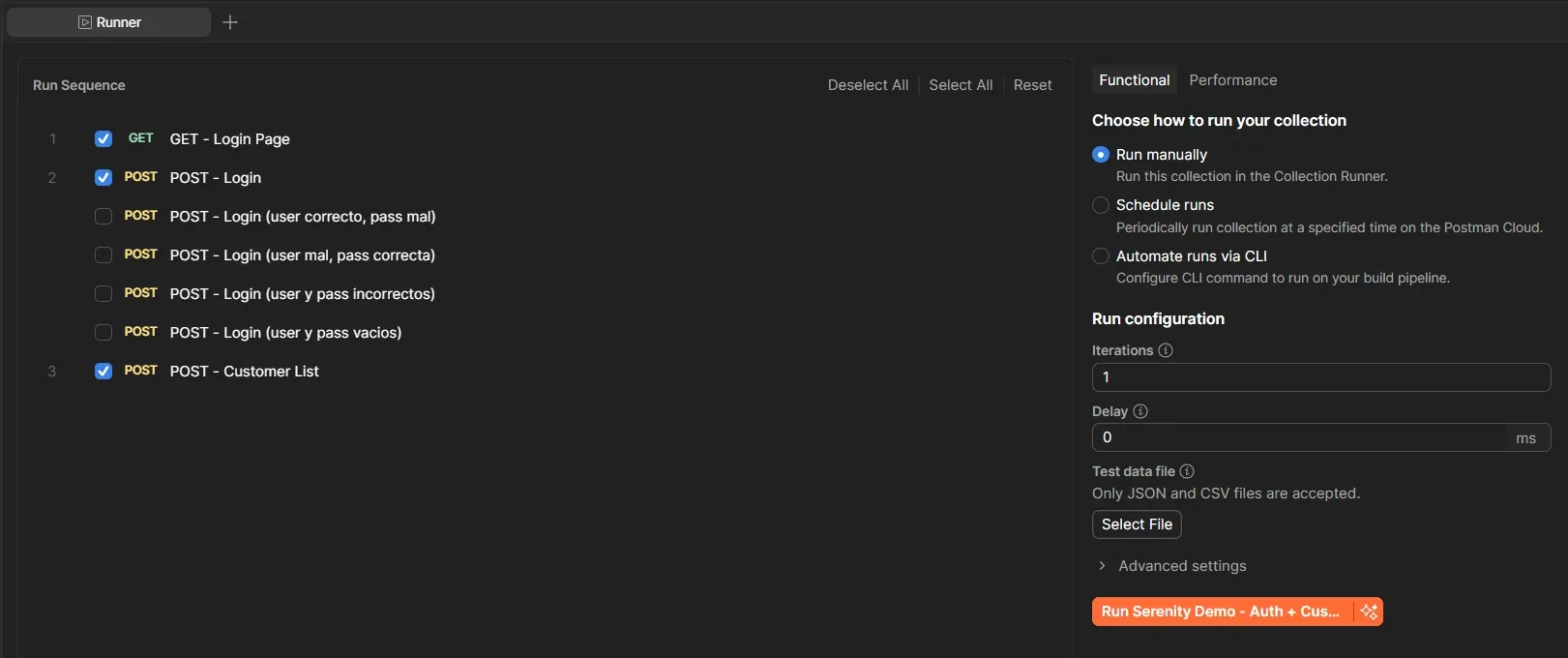 Postman Collection Runner configuration showing Run Sequence with GET Login Page, POST Login and POST Customer List selected while four negative login variants are deselected