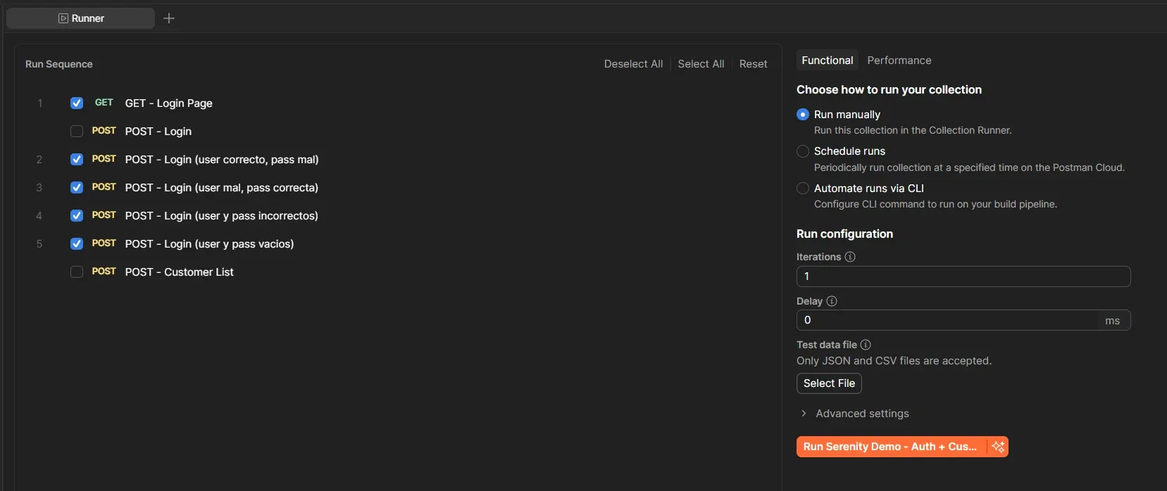 Postman Collection Runner configuration showing Run Sequence with GET Login Page and four negative login variants selected while POST Login and POST Customer List are deselected