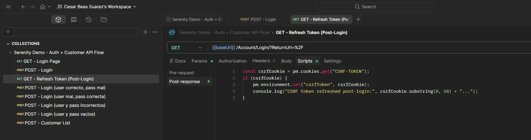 Postman mostrando el request GET Refresh Token Post-Login con su post-response script que actualiza csrfToken en environment