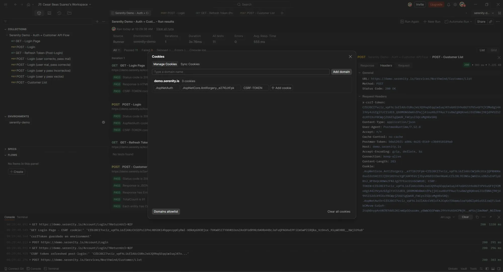 Postman Cookie Manager mostrando 3 cookies de demo.serenity.is: AspNetAuth, AspNetCore.Antiforgery, CSRF-TOKEN, con Runner exitoso detrás