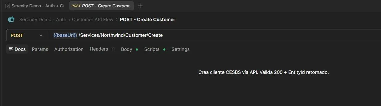 Postman Docs tab for POST Create Customer request showing description: Crea cliente CESBS via API, Valida 200 plus EntityId retornado