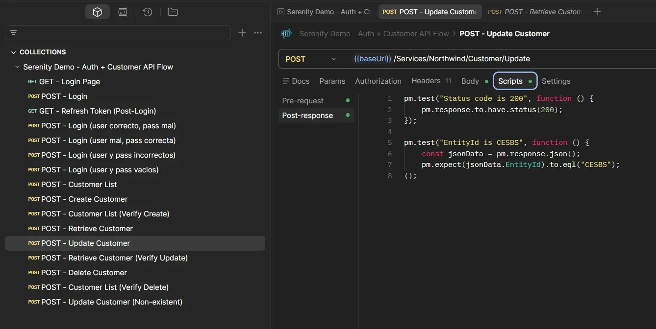 Assertions del Update: valido 200 y que el EntityId devuelto sea CESBS.