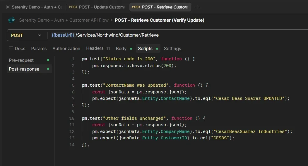 Postman POST Retrieve Customer Verify Update request showing Scripts tab with three post-response assertions: status 200, ContactName equals Cesar Beas Suarez UPDATED, and Other fields unchanged checking CompanyName and CustomerID
