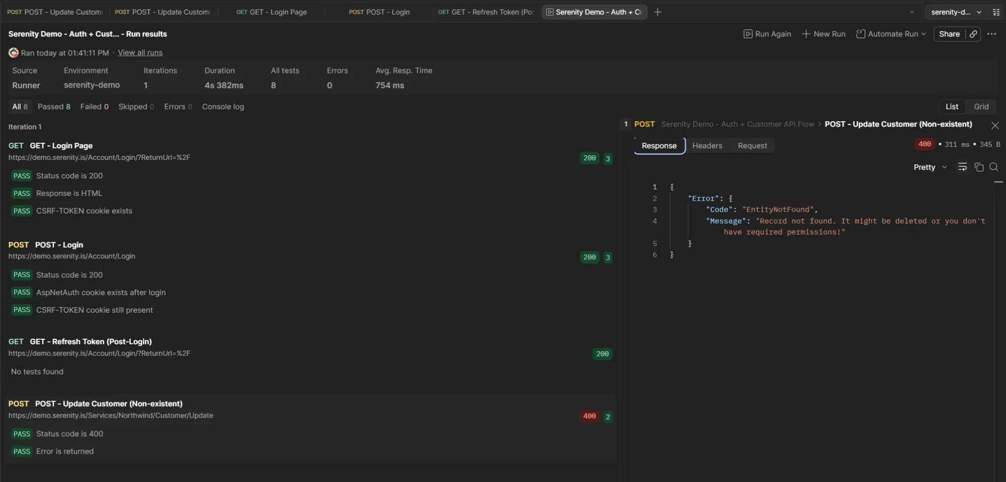 Postman Runner results showing All 8 Passed 8 Failed 0 with Login Page, Login, Refresh Token and Update Customer Non-existent all passing, right panel showing Update Non-existent response with Error Code EntityNotFound and Message Record not found