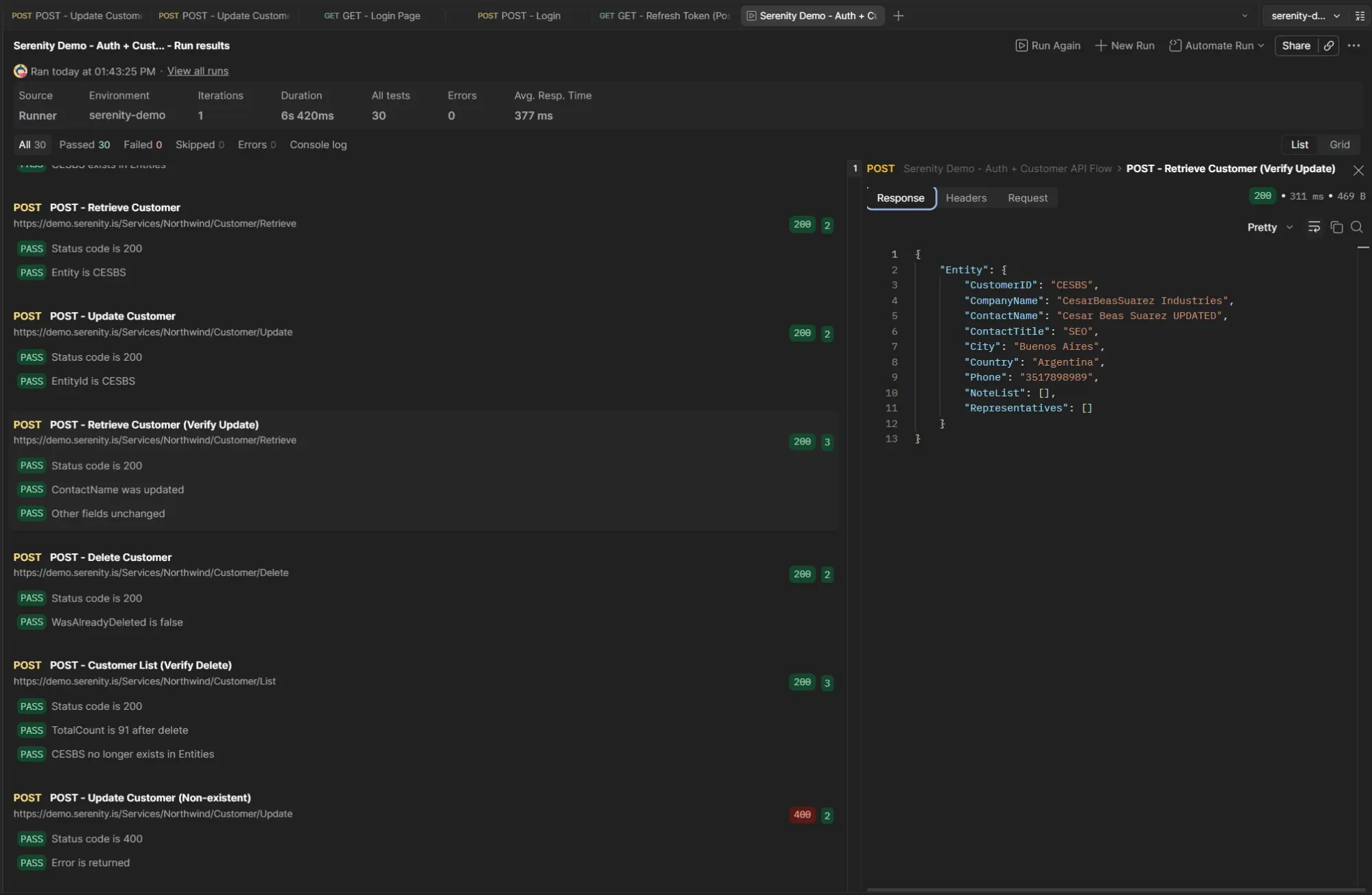 Postman Runner showing All 30 Passed 30 Failed 0 results with Retrieve Customer, Update Customer, Retrieve Customer Verify Update, Delete Customer, Customer List Verify Delete and Update Customer Non-existent all green, right panel displaying Verify Update response with Entity showing ContactName Cesar Beas Suarez UPDATED