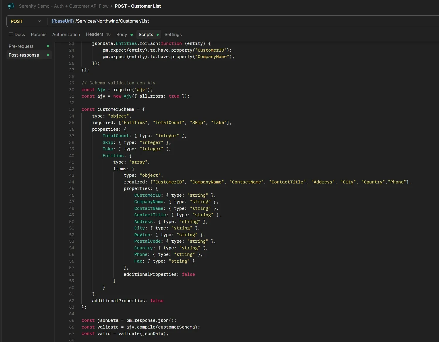 Postman Scripts tab showing complete JSON Schema definition with Ajv for Customer List including required fields and additionalProperties false