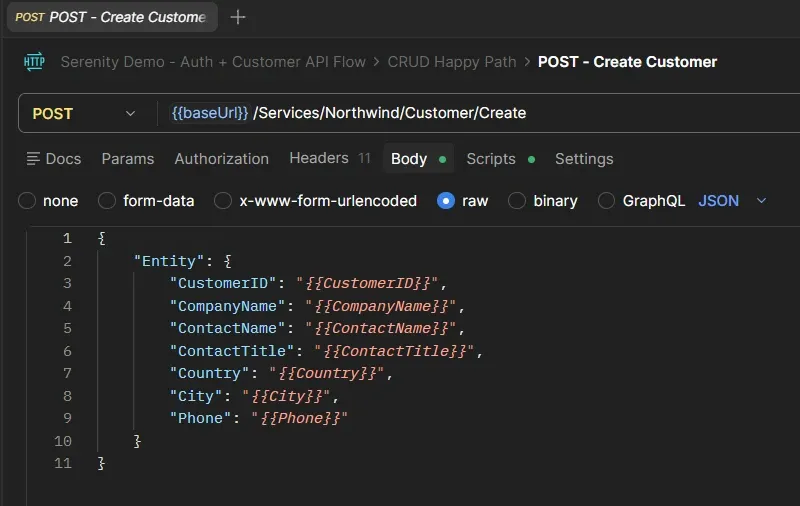 Request POST Create Customer en Postman con body JSON usando variables de entorno como CustomerID, CompanyName, ContactName, Country, City y Phone