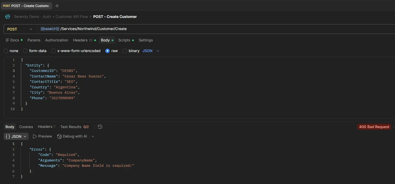 Request POST Create Customer sin campo CompanyName devolviendo error 400 Bad Request con mensaje Company Name field is required