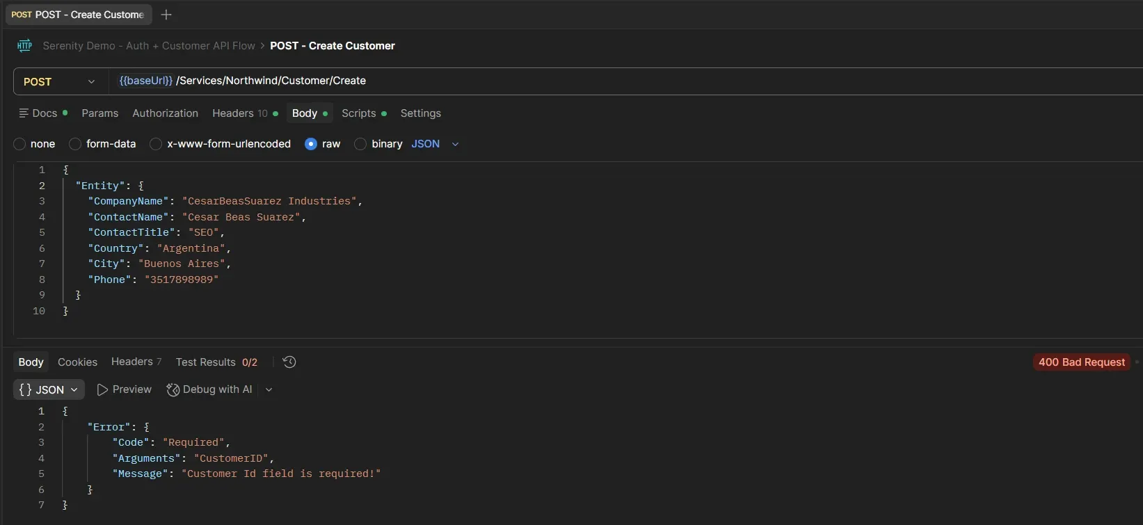 Request POST Create Customer sin campo CustomerID devolviendo error 400 Bad Request con mensaje Customer Id field is required