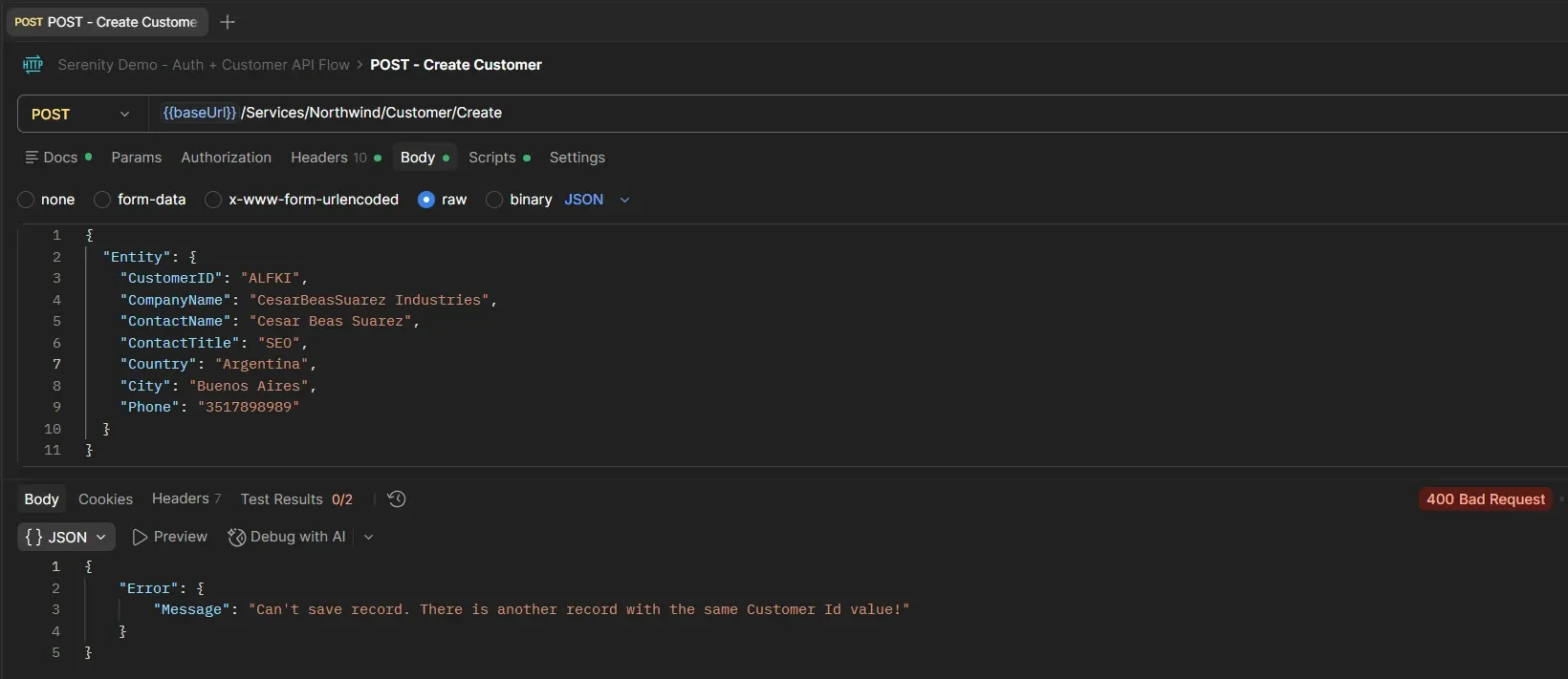Request POST Create Customer con CustomerID ALFKI existente devolviendo error 400 con mensaje de registro duplicado por mismo Customer Id value