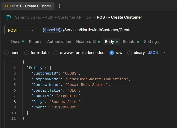 Request POST Create Customer en Postman con body JSON usando valores fijos como CustomerID CESBS, CompanyName CesarBeasSuarez Industries y ContactName Cesar Beas Suarez