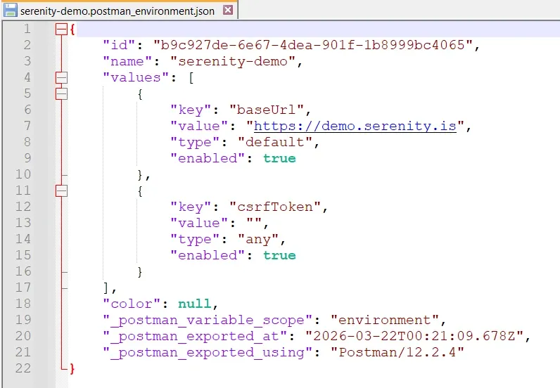 Archivo serenity-demo.postman_environment.json con variables baseUrl apuntando a demo.serenity.is y csrfToken vacío para autenticación