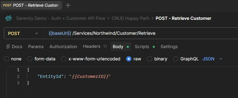 Request POST Retrieve Customer en Postman con body JSON conteniendo EntityId usando la variable CustomerID del CSV