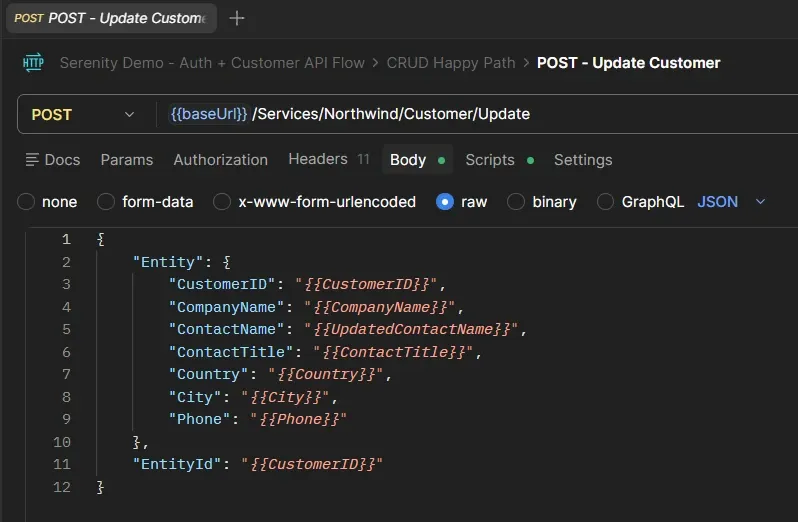 Request POST Update Customer en Postman con body JSON incluyendo Entity con datos actualizados y campo ContactName usando UpdatedContactName del CSV