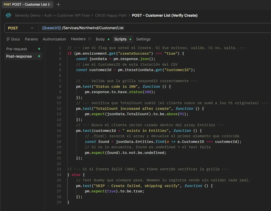 Script post-response de Customer List verificando TotalCount mayor a 91 y buscando el cliente recién creado en el array Entities con find por CustomerID