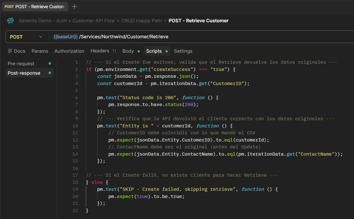 Script post-response del Retrieve Customer validando status 200, CustomerID y ContactName original contra datos del CSV con manejo de skip si Create falló