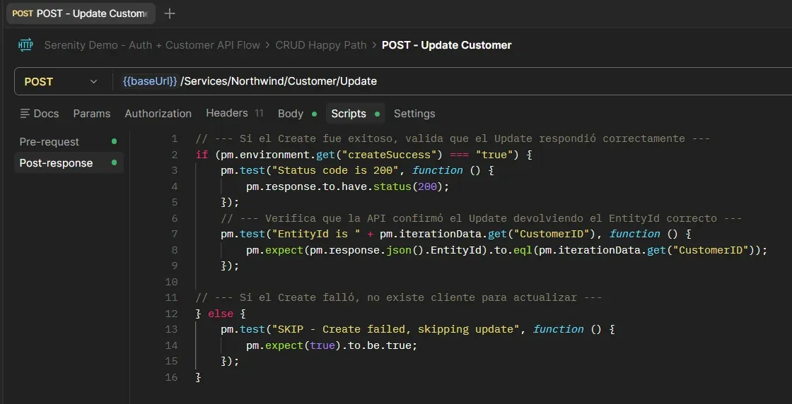 Script post-response del Update Customer validando status 200 y que el EntityId devuelto coincida con el CustomerID del CSV con skip si Create falló