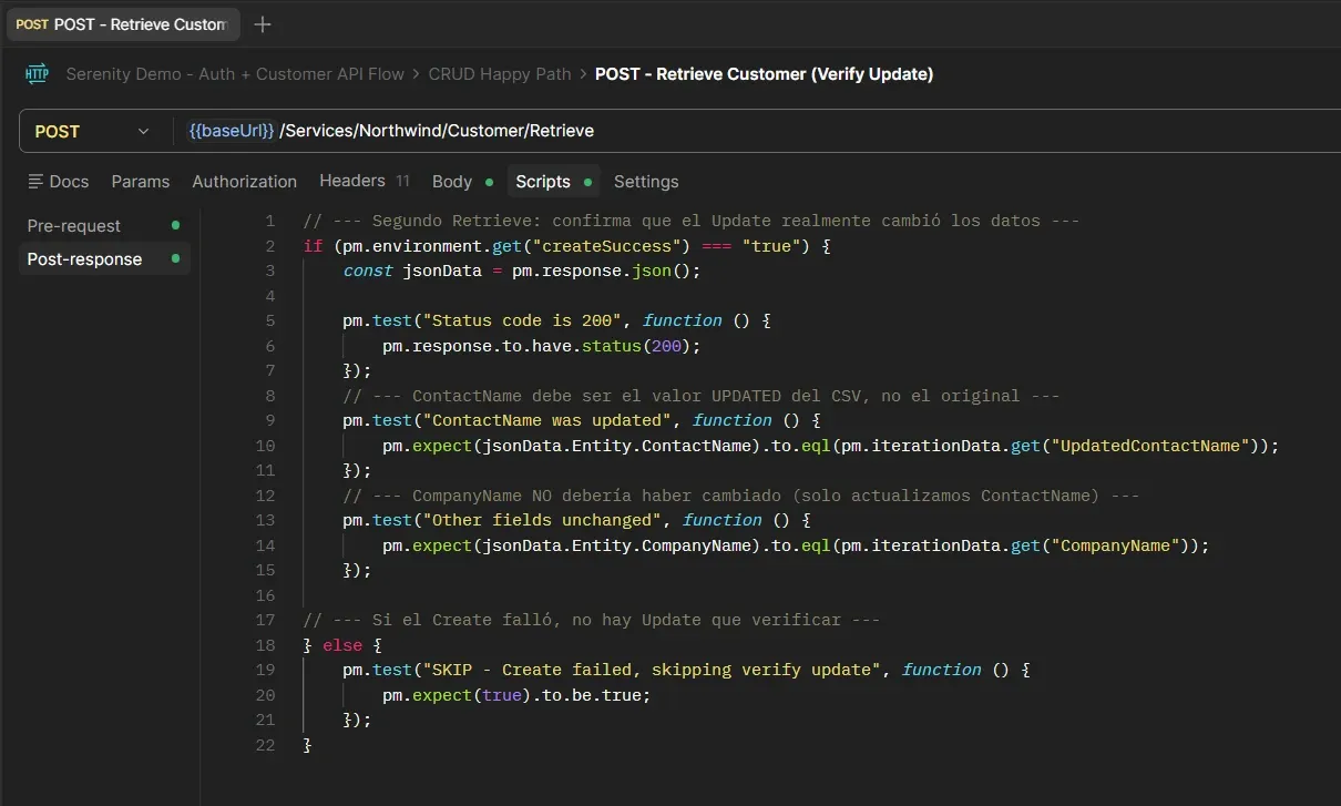 Script post-response del segundo Retrieve verificando que ContactName cambió al valor UpdatedContactName y que CompanyName no se modificó tras el Update