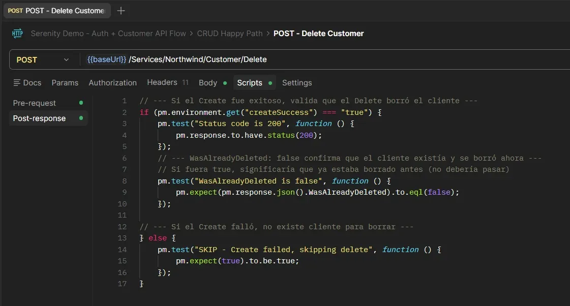Script post-response del Delete Customer validando status 200 y que WasAlreadyDeleted sea false confirmando que el cliente existía y fue borrado ahora