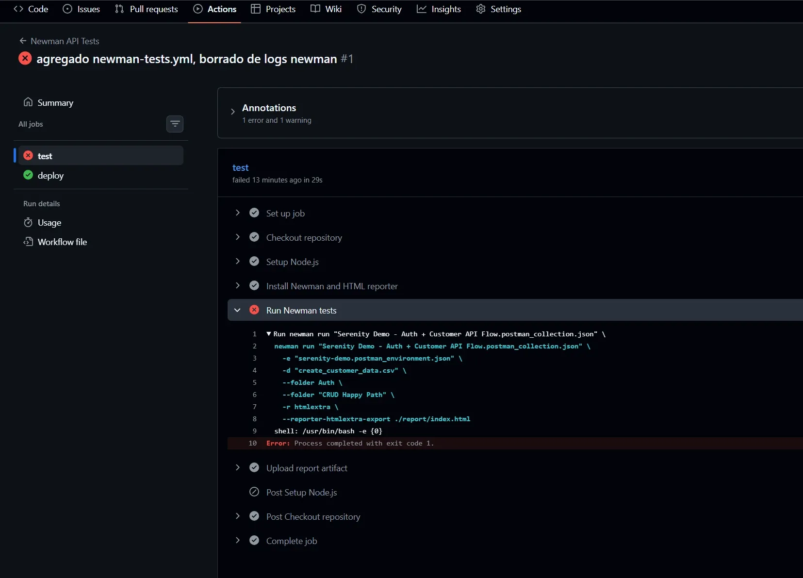 GitHub Actions job test mostrando el comando Newman ejecutado, exit code 1 por assertions fallidas, y upload del reporte completado
