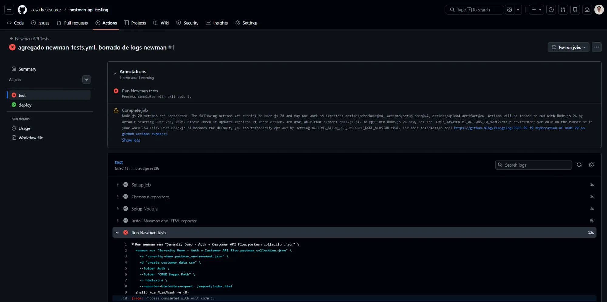 GitHub Actions Annotations mostrando error de exit code 1 en Run Newman tests y warning de deprecación de Node.js 20 en actions v4