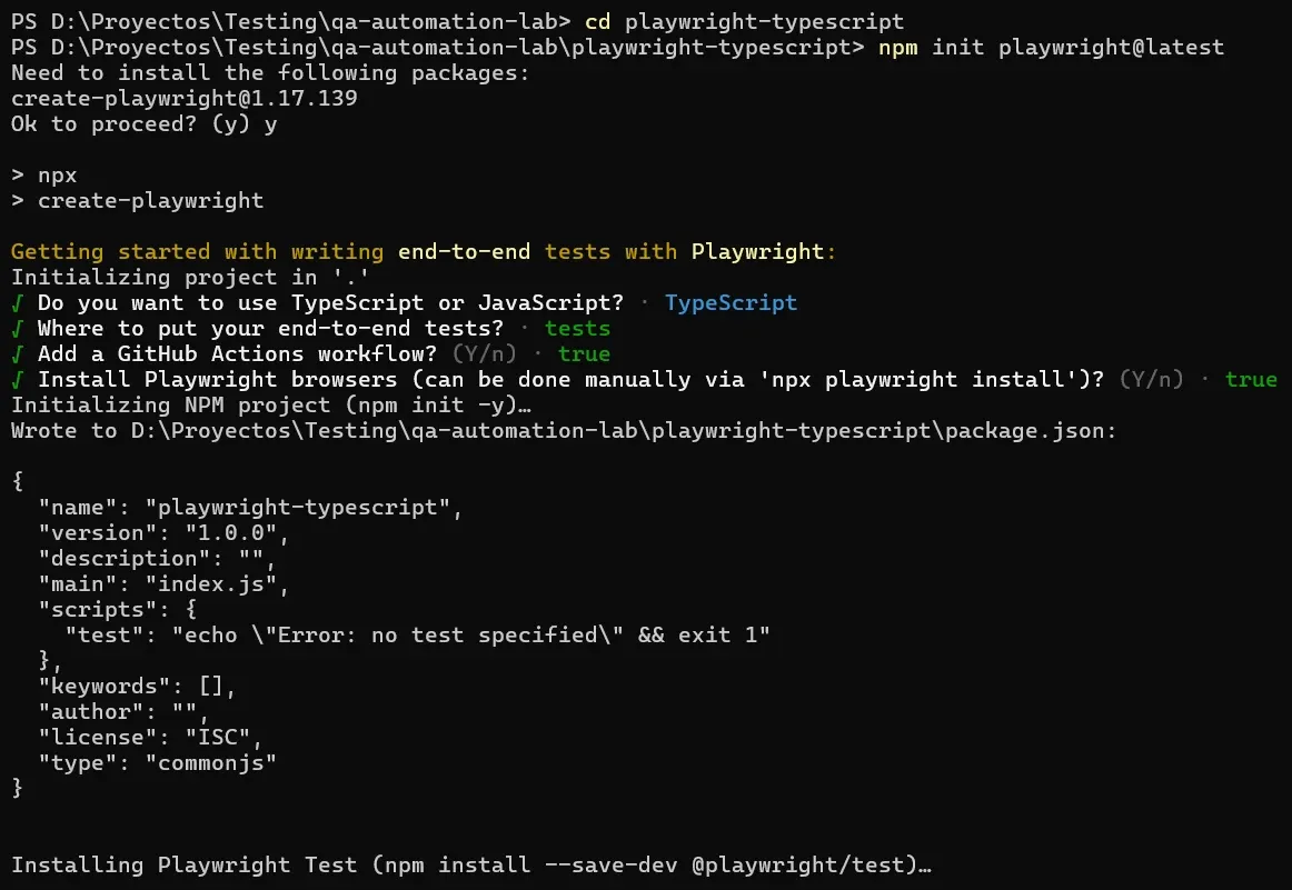 Terminal mostrando instalación de Playwright con TypeScript tests GitHub Actions y browsers seleccionados