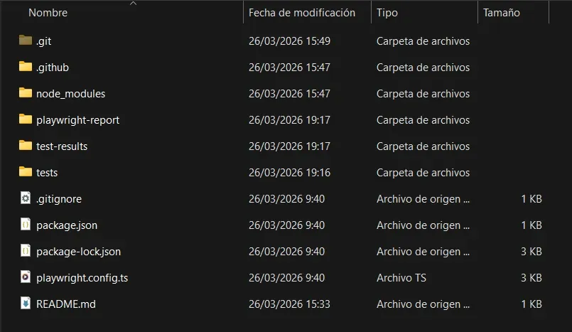 Explorador de archivos mostrando estructura del proyecto Playwright con carpetas github tests playwright-report y archivos de configuracion