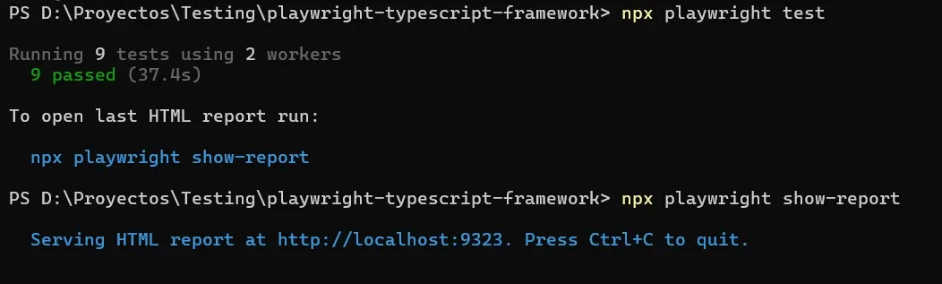 Terminal mostrando 9 tests pasados en 37 segundos con Playwright