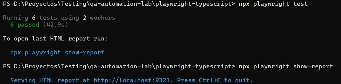 Terminal mostrando ejecucion de 6 tests pasados y comando para abrir reporte HTML en localhost