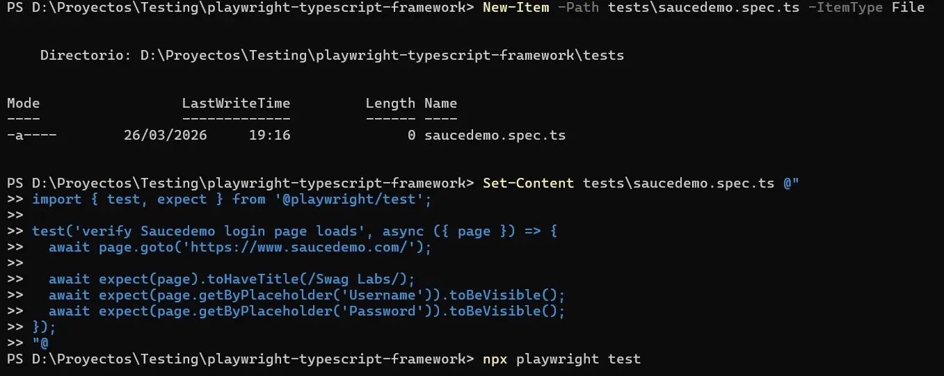 Terminal mostrando creacion de archivo saucedemo spec ts y escritura del test con assertions contra Saucedemo