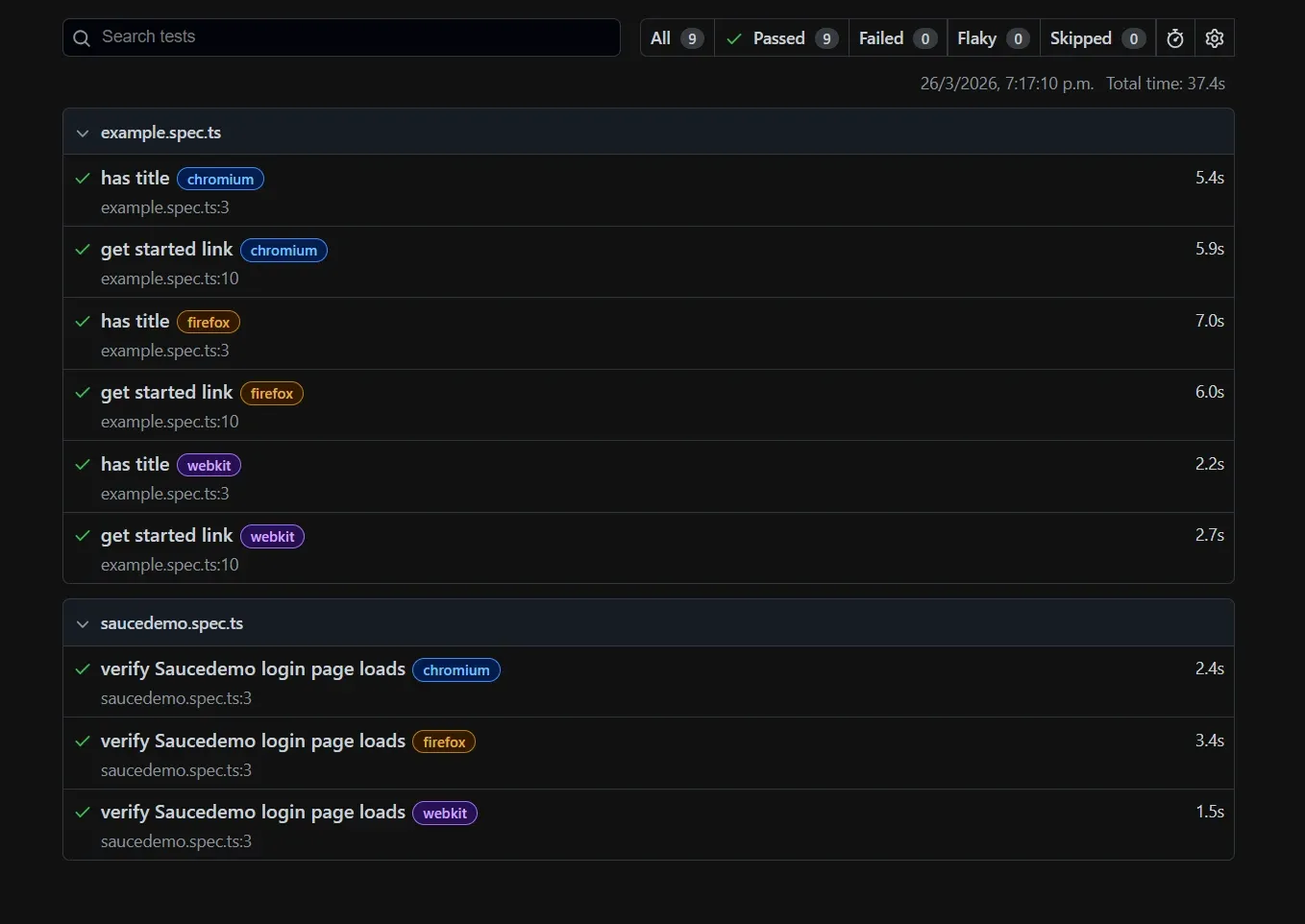 Reporte HTML de Playwright con 9 tests verdes separados en example spec y saucedemo spec en tres browsers