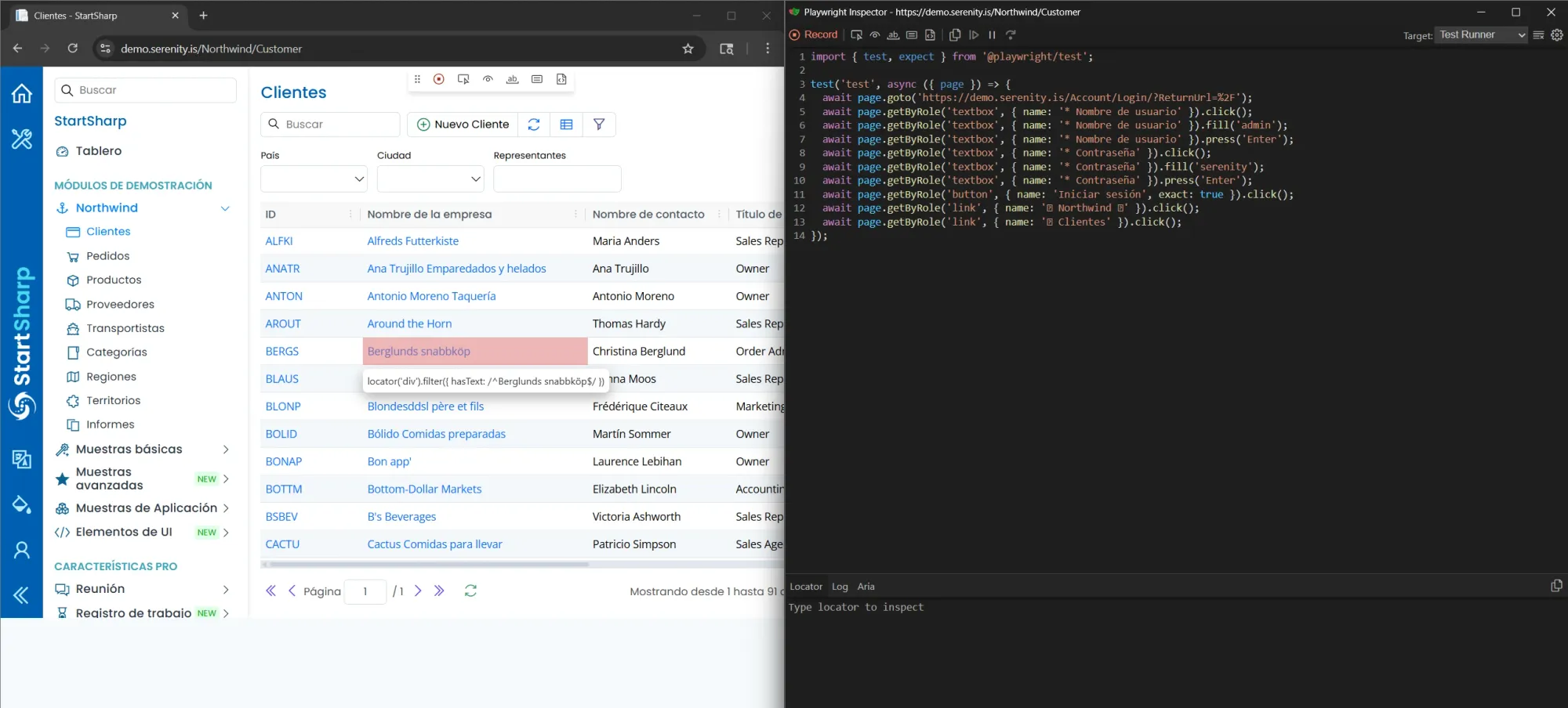 Codegen de Playwright mostrando Pick Locator sobre fila de grilla de Clientes en demo.serenity.is con locator filter hasText Berglunds snabbköp