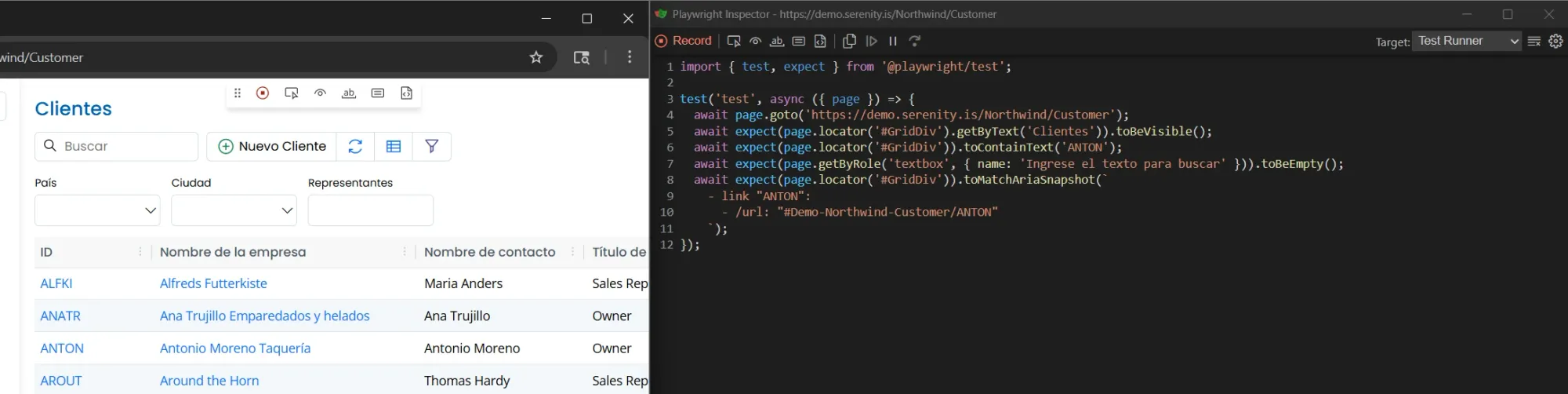 Codegen de Playwright mostrando assertions generadas automáticamente contra grilla de Clientes incluyendo toBeVisible toContainText y toMatchAriaSnapshot