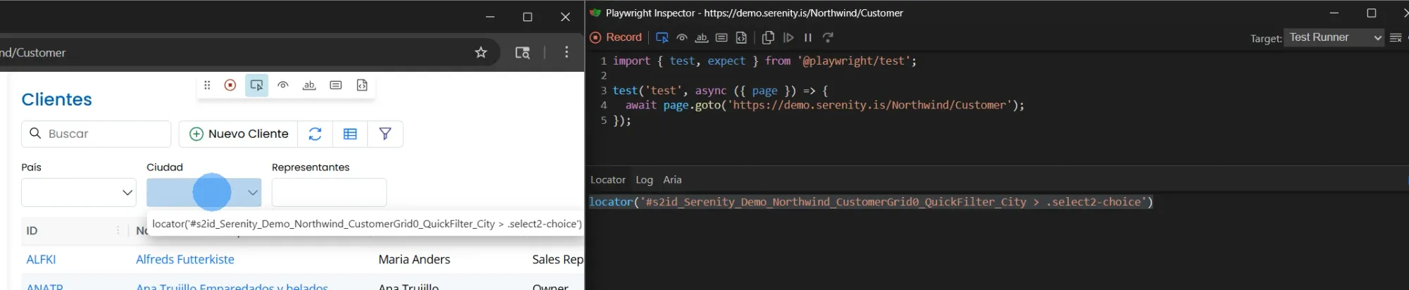 Pick Locator de Playwright resaltando dropdown Ciudad con locator CSS largo basado en ID de Serenity CustomerGrid QuickFilter City