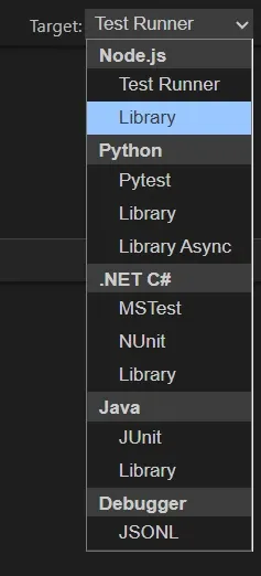 Dropdown Target de Playwright Inspector mostrando opciones de lenguaje Node.js Test Runner Python Pytest .NET C# Java JUnit y Debugger JSONL