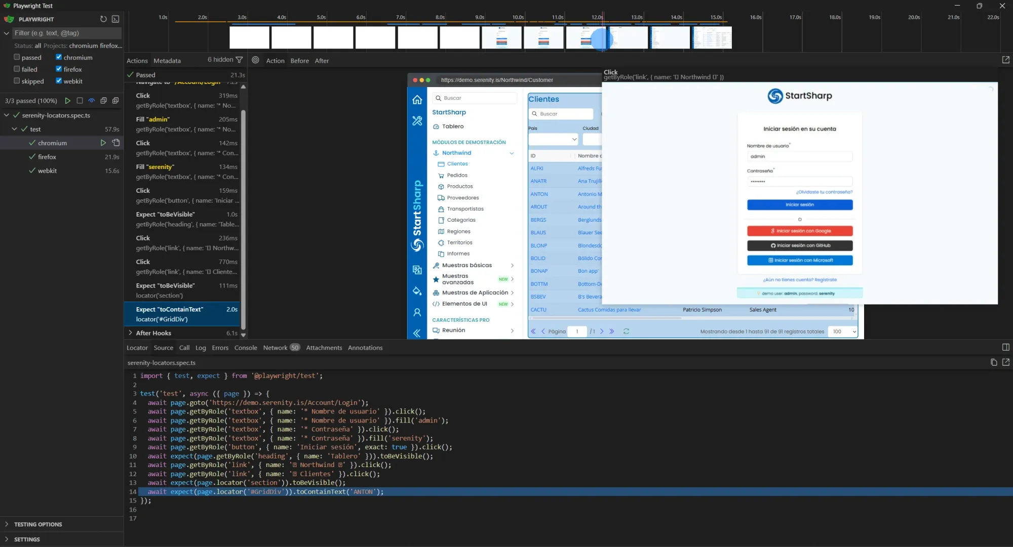 UI Mode de Playwright mostrando test pasado con timeline de screenshots, acciones Click Fill Expect, browser con grilla de Clientes y página de login de demo.serenity.is