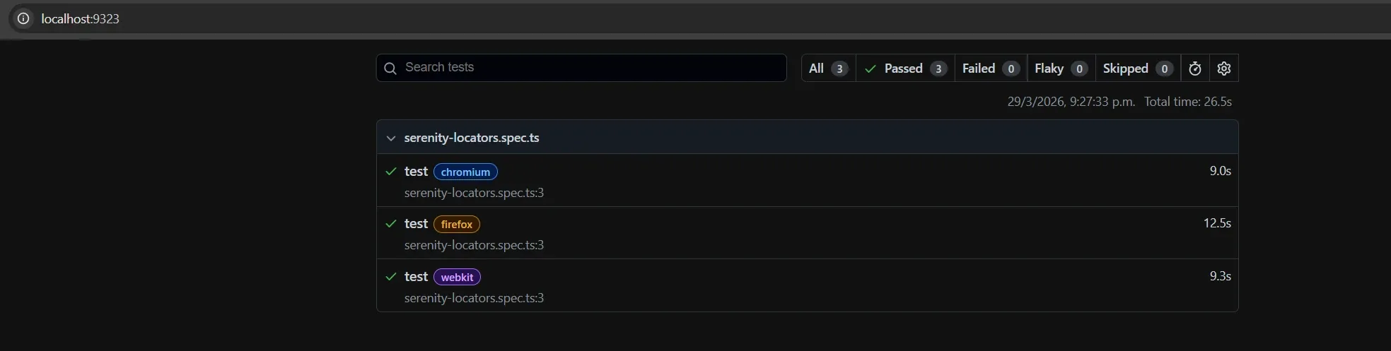 Reporte HTML de Playwright mostrando 3 tests pasados en Chromium Firefox y WebKit contra serenity-locators.spec.ts en 26.5 segundos