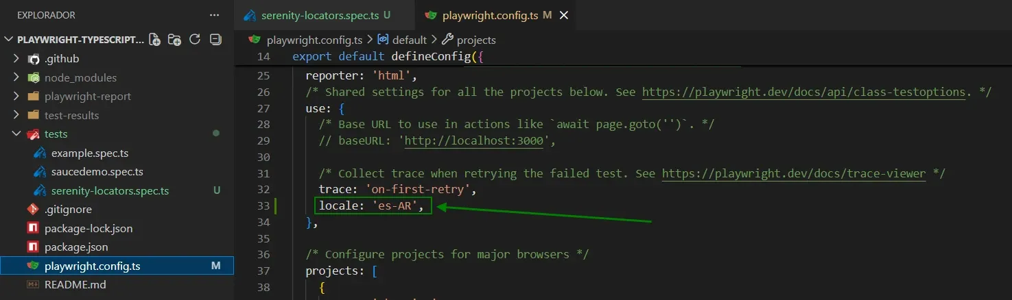 Archivo playwright.config.ts mostrando configuración locale es-AR agregada en bloque use junto a trace on-first-retry