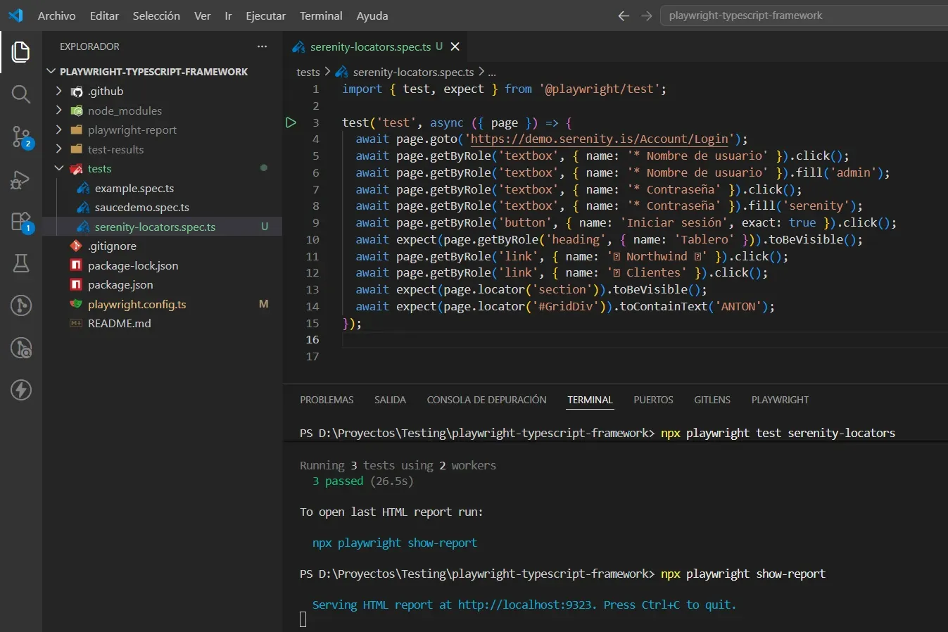 VS Code con serenity-locators.spec.ts y terminal mostrando 3 passed en 26.5 segundos con npx playwright test y npx playwright show-report