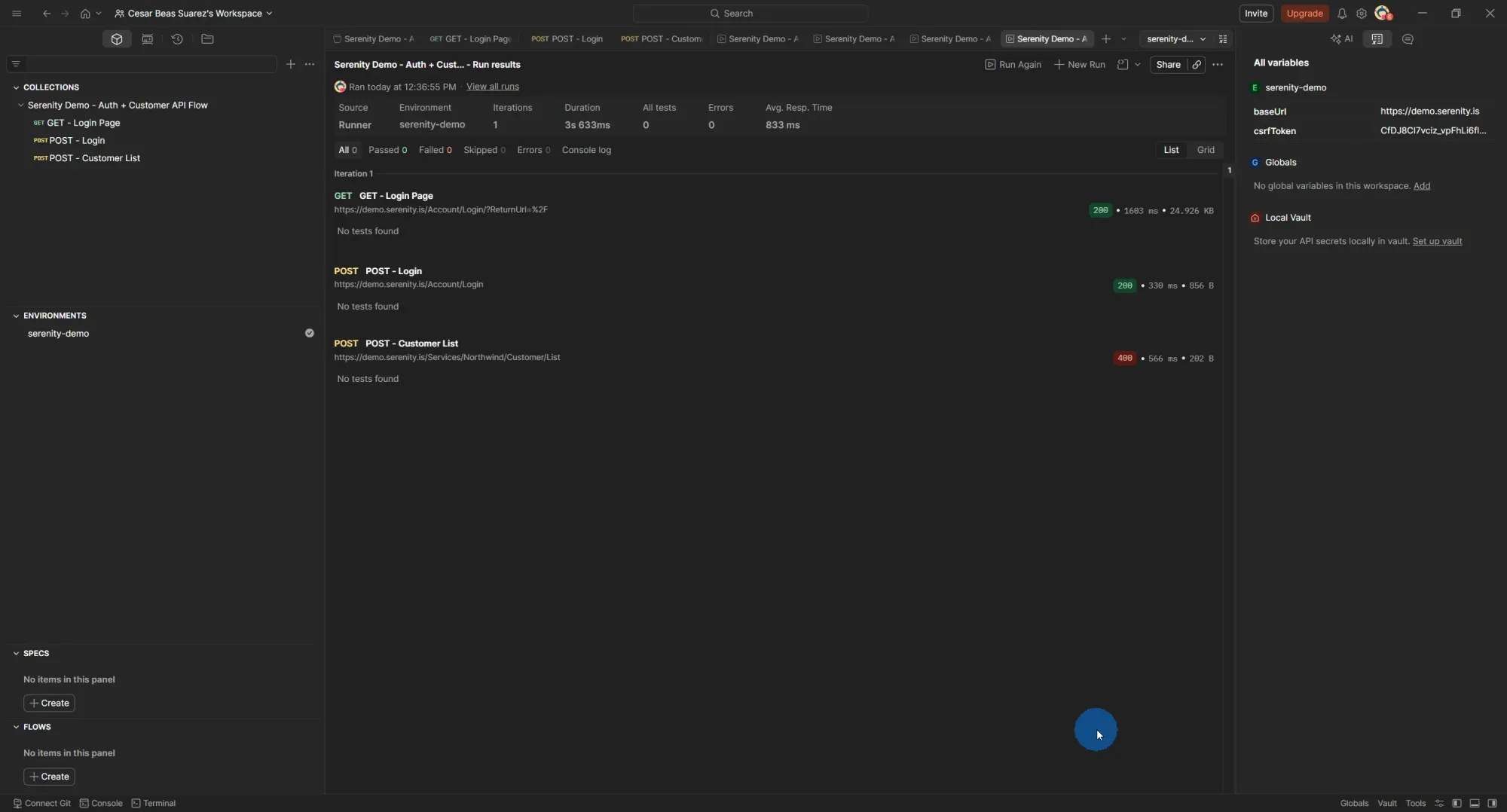 Postman Collection Runner showing GET Login Page 200, POST Login 200, and POST Customer List returning 400 Bad Request