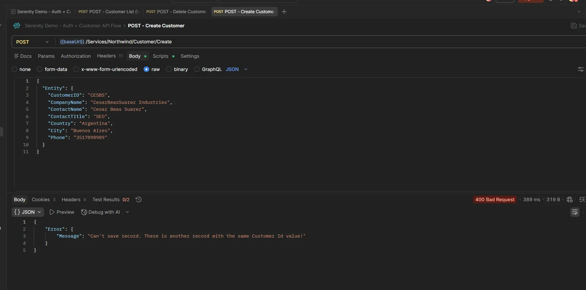 Postman Create Customer request returning 400 Bad Request with error message Can't save record There is another record with the same Customer Id value